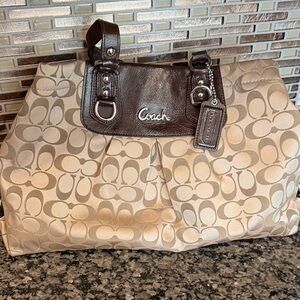 Coach Beige and Dark Brown Signature Shoulder Bag